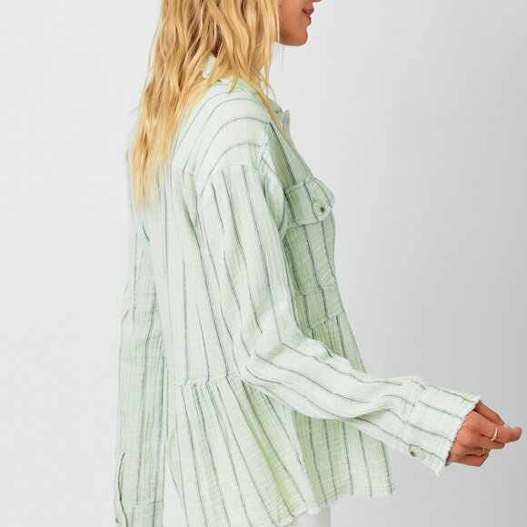 MYSTREE Mint Green Striped Button-Up Top, Textured Peplum Blouse, Long Sleeve - Picture 2 of 4